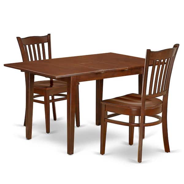 East West Furniture 3-Piece Mahogany Finish Rectangular Solid Wood Top With Butterfly Leaf Dining Table Set