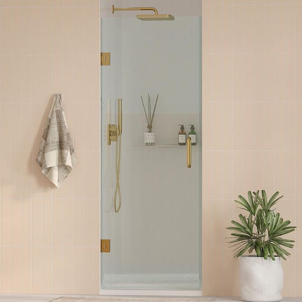 Nirvana 30.5 in. - 30.75 in. W x 76 in. H Frameless Pivot Hinged Shower Door in Brushed Gold with 3/8 in. Clear Glass
