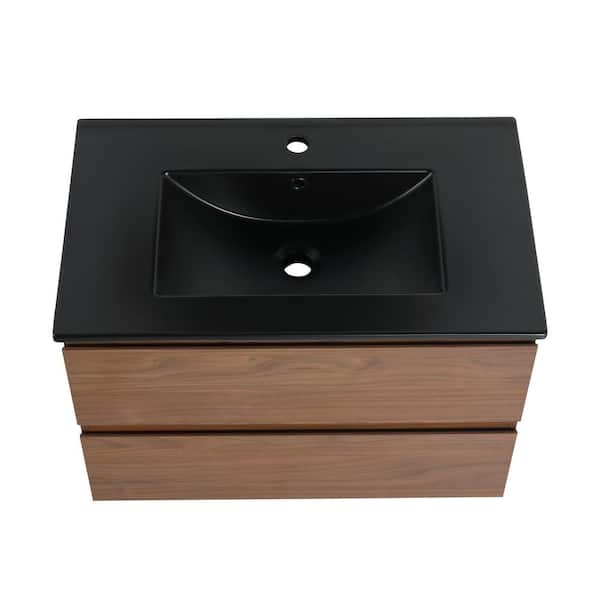 Boosicavelly 30.00 in. W x 18.30 in. D x 20.50 in. H Single Sink Wall Mounted Bath Vanity in Brown Oak with Black Ceramic Top