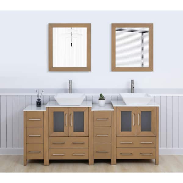 Vanity Art 72 in. W Double Basin Natural Oak Bath Vanity with White Engineered Marble Top and Mirror