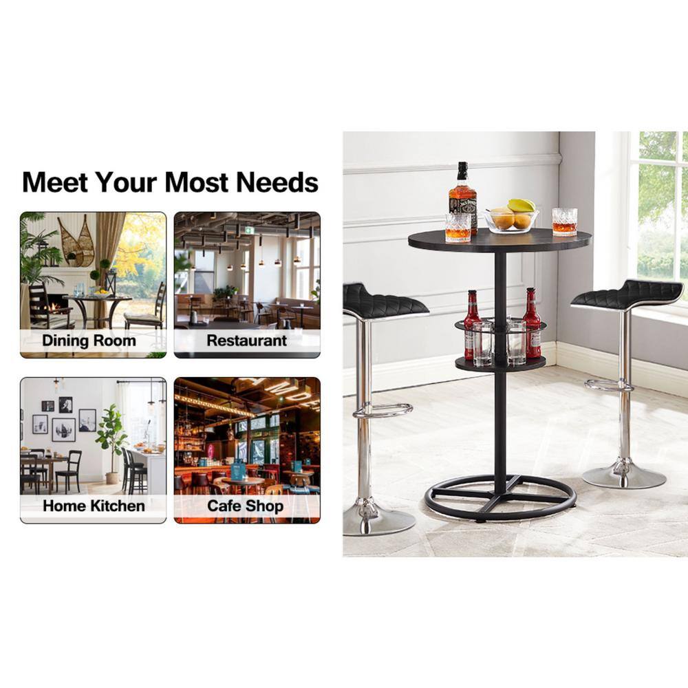 Black Round Counter Height Bar Table with Wood Top and Metal Pedestal