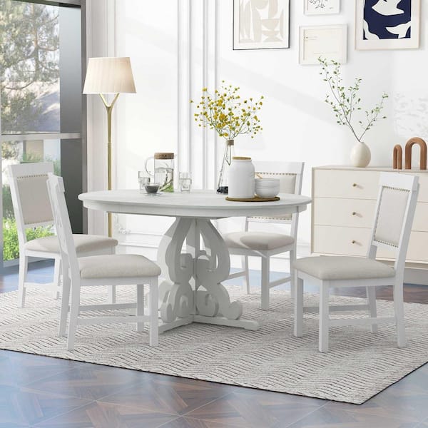5-Piece Retro Antique White Extendable Wood Top Dining Room Set Seats 4