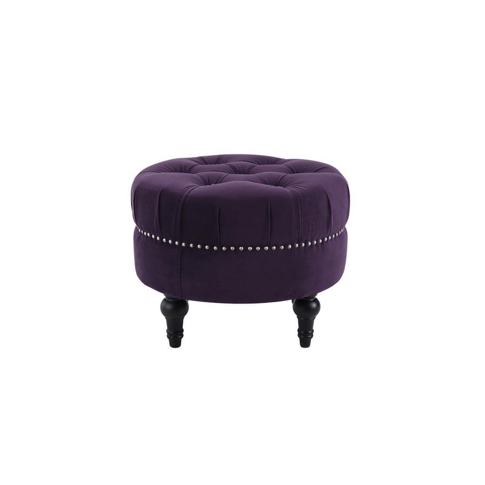 Purple Velvet Tufted Round Ottoman with Nailhead Accents