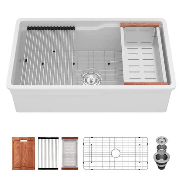 32 in. Undermount Single Bowl White Porcelain Ceramic Workstation Kitchen Sink with Strainer and Bottom Grid