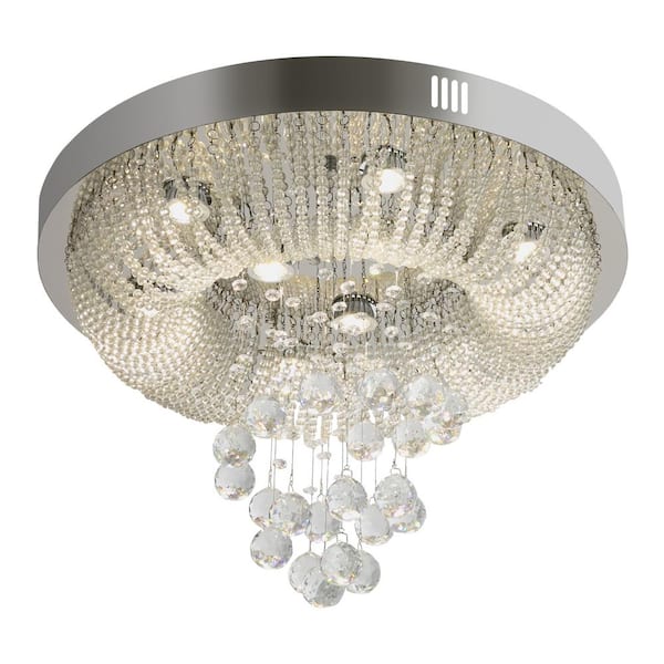 OUKANING 23.62 in. 9-Light Silver Modern Crystal Ceiling-Light Chandelier for Living Room Lobby with GU10 Bulbs