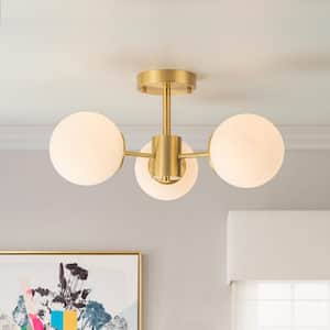 18.9 in. 3-Light Sputnik Brushed Brass Semi-flush Mount Light Chandelier with White Globe Glass Shade for Living Room