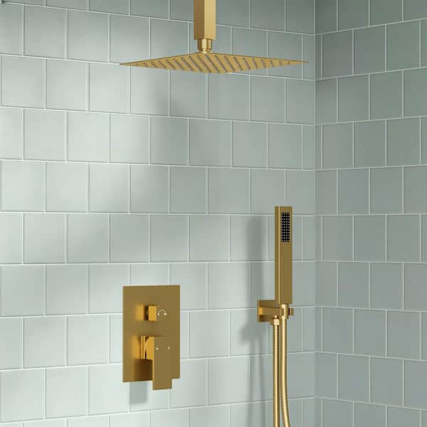 2-Spray 10 in. Square Ceiling Mount Dual Fixed and Handheld Shower Head 2.5 GPM in Brushed Gold (Valve Included)