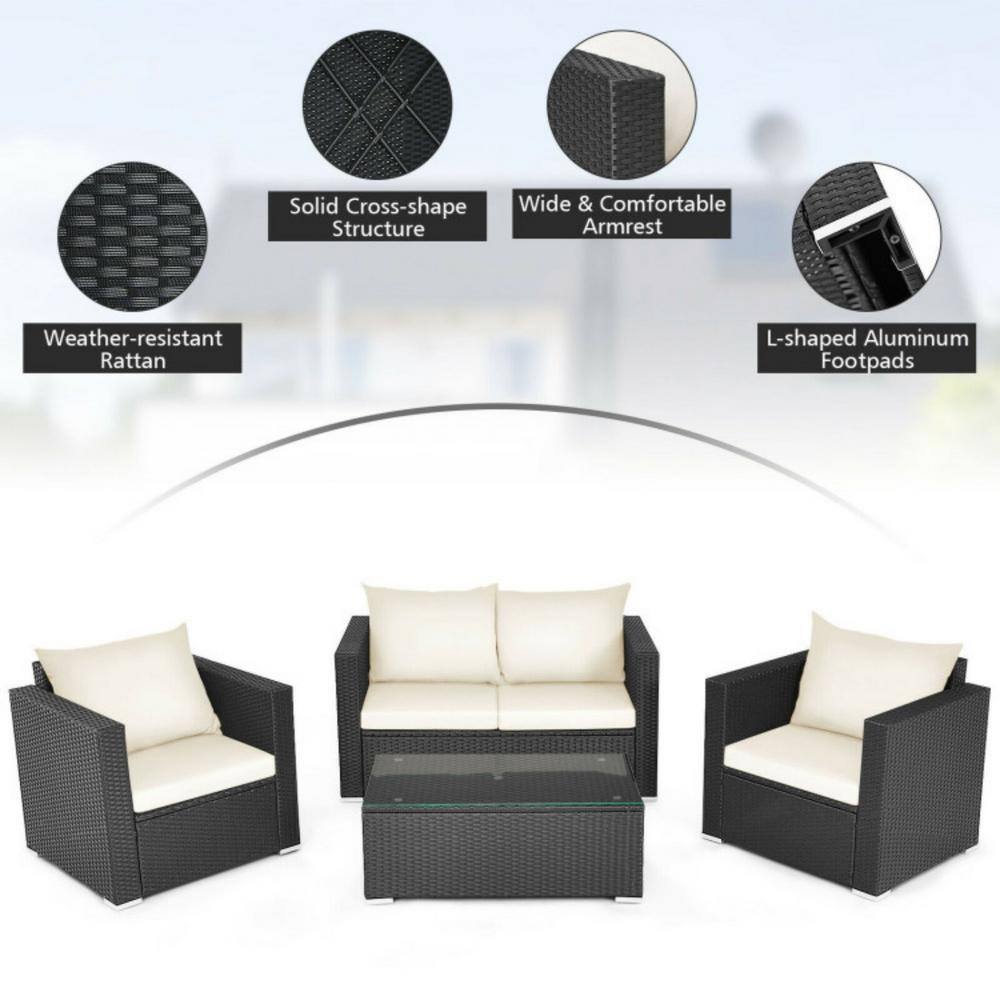Full view of the 4-piece wicker patio conversation set.