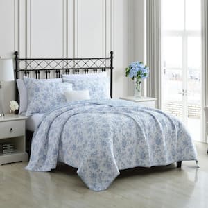 Walled Garden 3-Piece Blue Floral Cotton Full/Queen Quilt Set