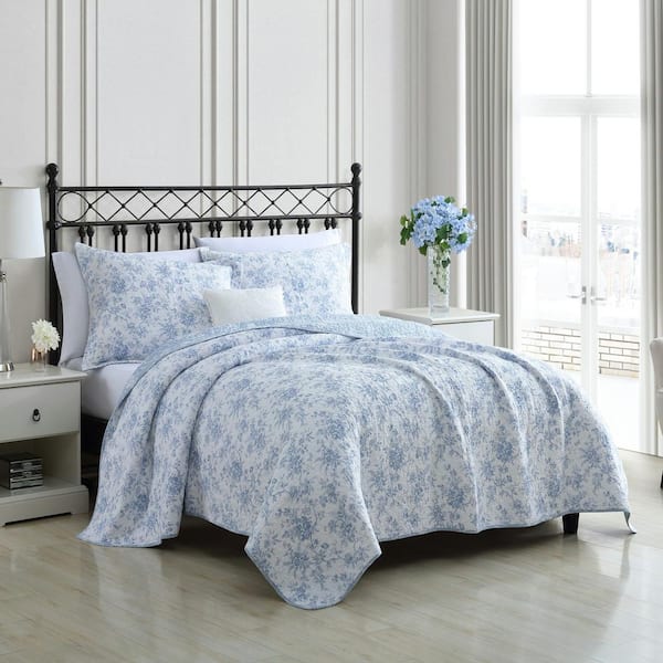 Laura Ashley Walled Garden 3-Piece Blue Floral Cotton Full/Queen Quilt Set  USHSA91169167 - The Home Depot