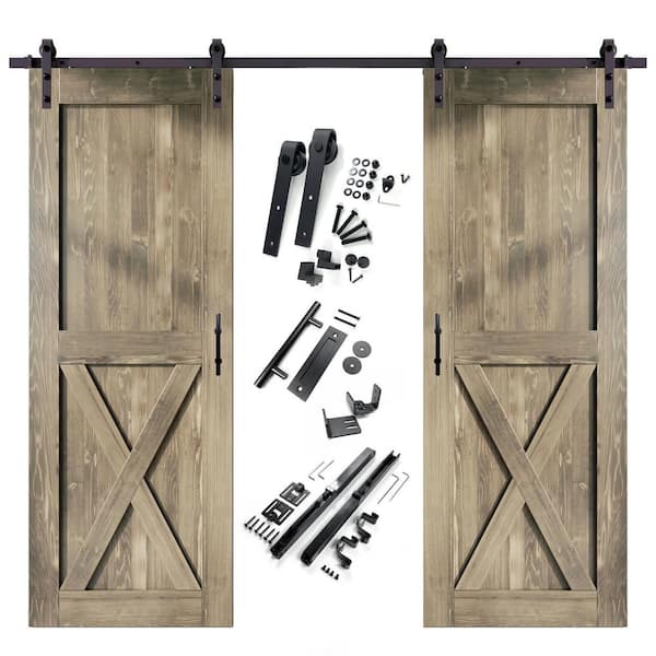 HOMACER 30 in. x 96 in. X-Frame Classic Gray Double Pine Wood Interior Sliding Barn Door with Hardware Kit, Non-Bypass