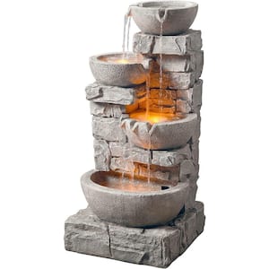 33 in. Gray Outdoor Courtyard 4 Floors Of Floor Stacked Stone Waterfall Fountain with LED Lights and Pumps