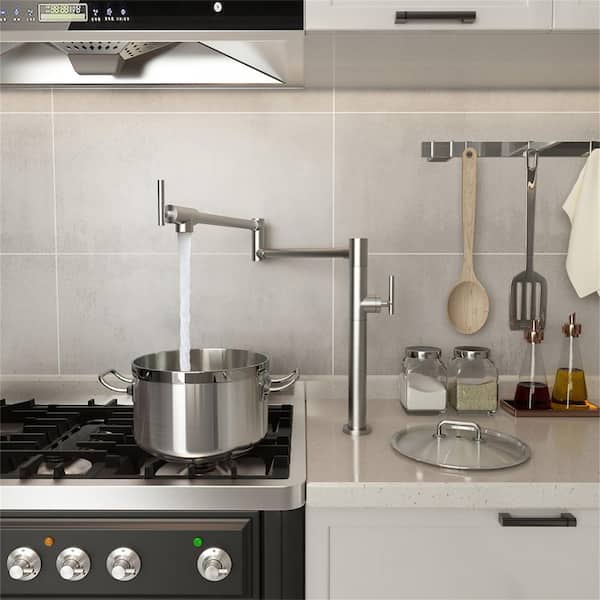 Single Hole Two Handles Pot Filler Deck Mount Kitchen Pot Filler Faucet with Accessories in Brushed Nickel