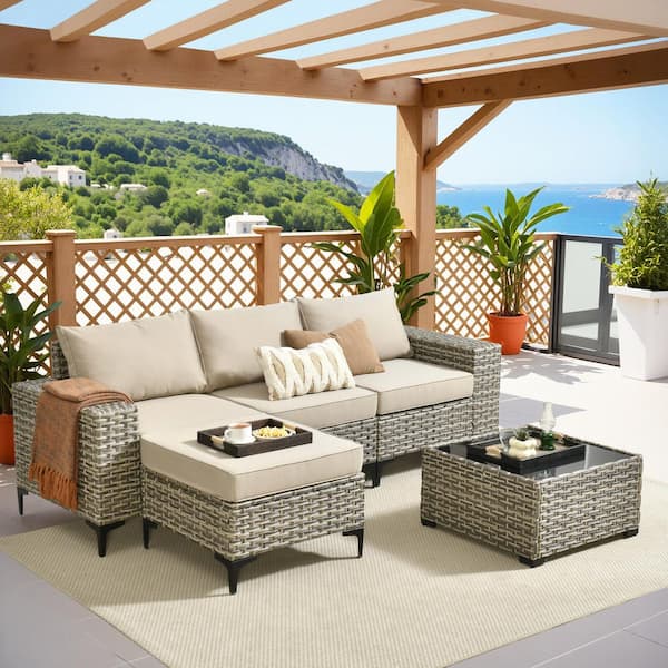 5-Piece Gray Wicker Outdoor Sectional Set Patio Conversation Seating Sofa Set with Beige Cushion for Backyard
