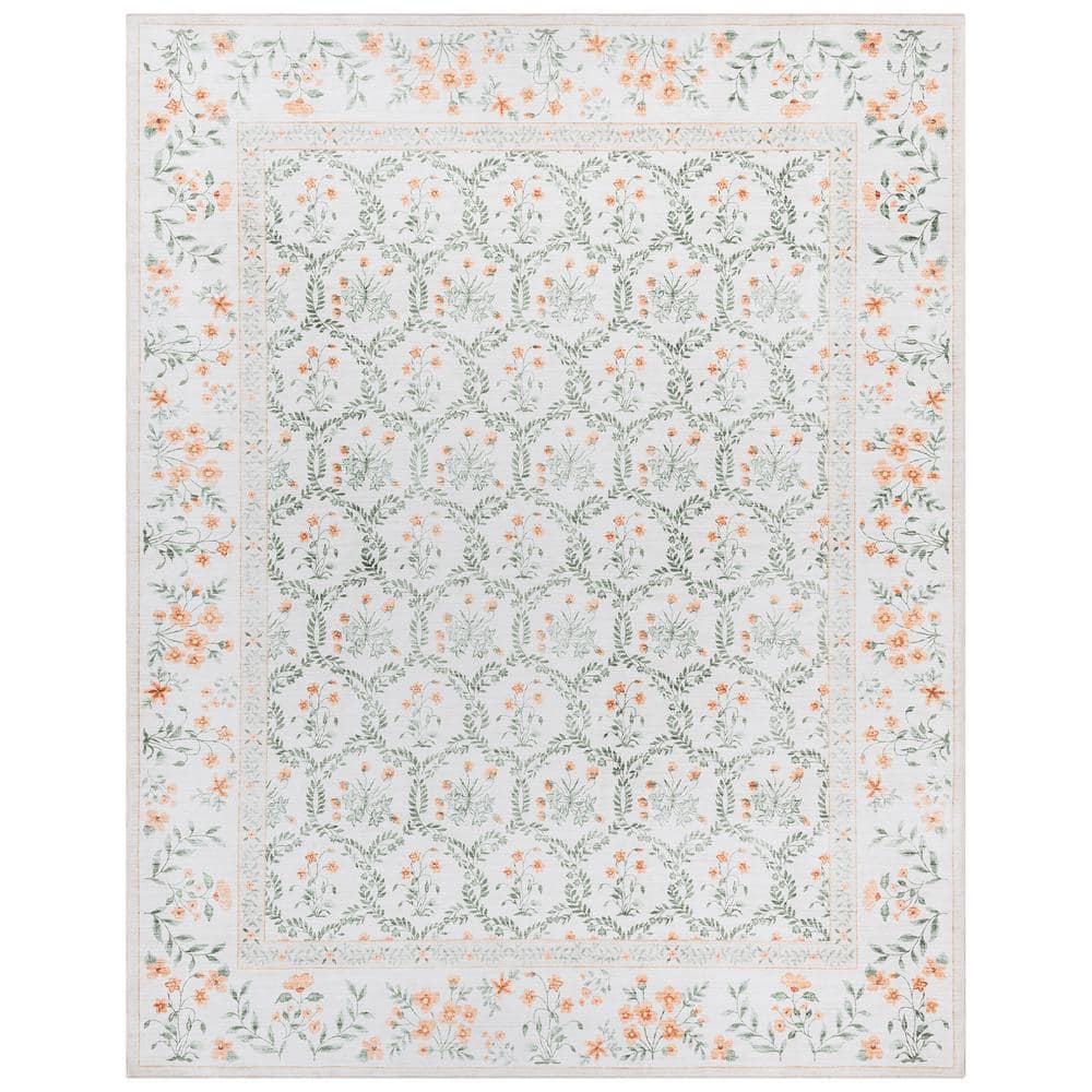 Ivory and Green Floral Synthetic Area Rug, 3x5