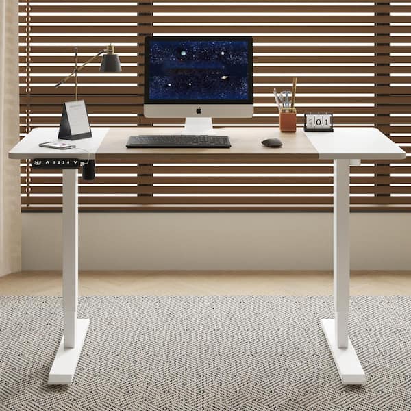 Lioba 55.1 in. Oak+Antique White Electric Adjustable Height Standing Desk with Wood Tabletop, Metal Legs, Double Beam