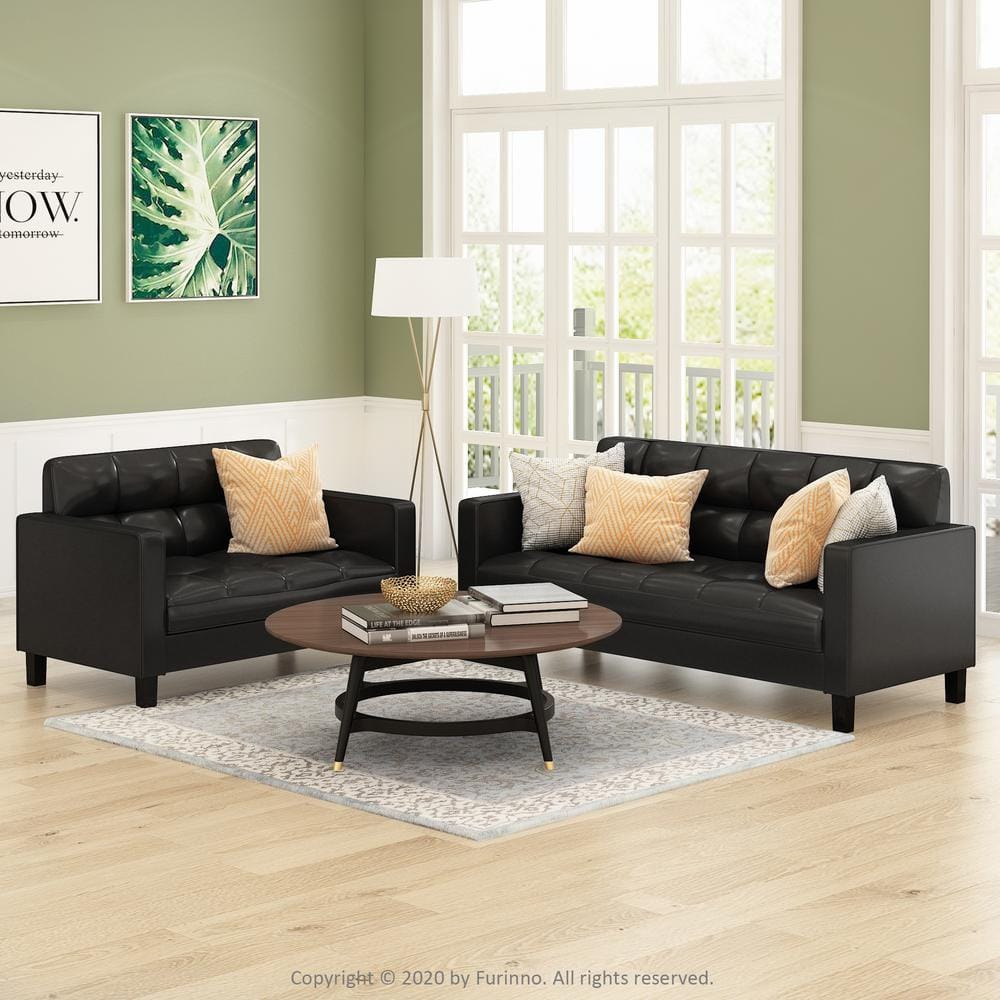 Brive Contemporary Tufted Black Faux Leather 3-Seater Sofa