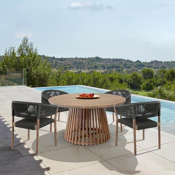 Armen Living Escondido and Doris Brown 5-piece Eucalyptus Wood Round Outdoor Dining Set with Black Cushions