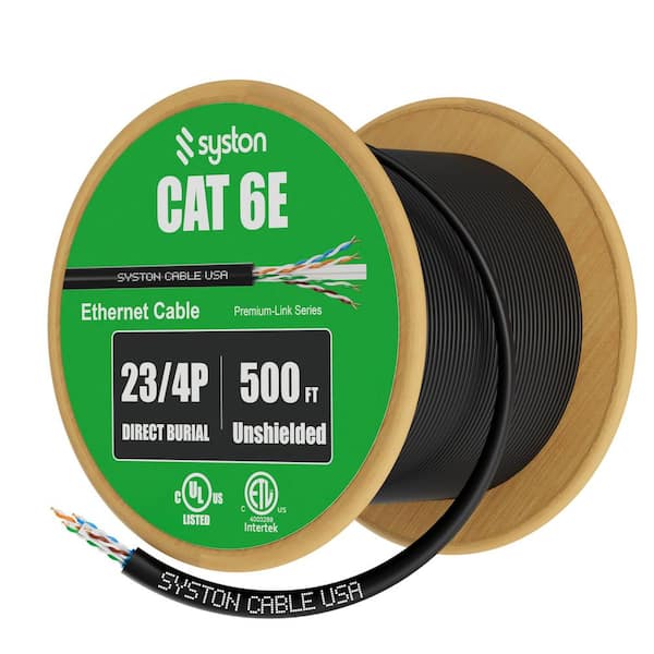 500 ft. Cat 6E Direct Burial Ethernet Network Cable Data Wire 600 MHz Water Blocking Gel-Filled for Outdoor Using-Black