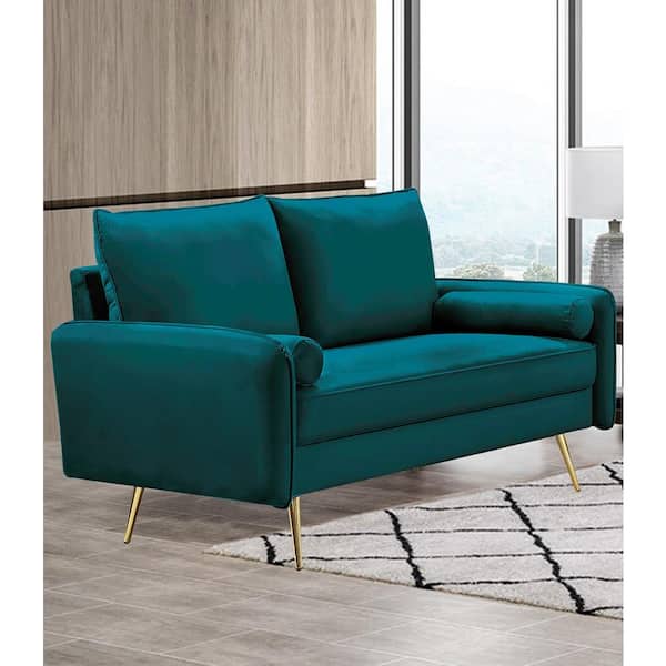 US Pride Furniture Villeda 58 in. Greenish Blue Solid Velvet 2-Seater Loveseat with Metal Feet