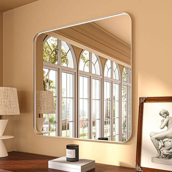 30 in. W x 30 in. H Rectangular Aluminum Framed Modern Silver Rounded Wall Mirror