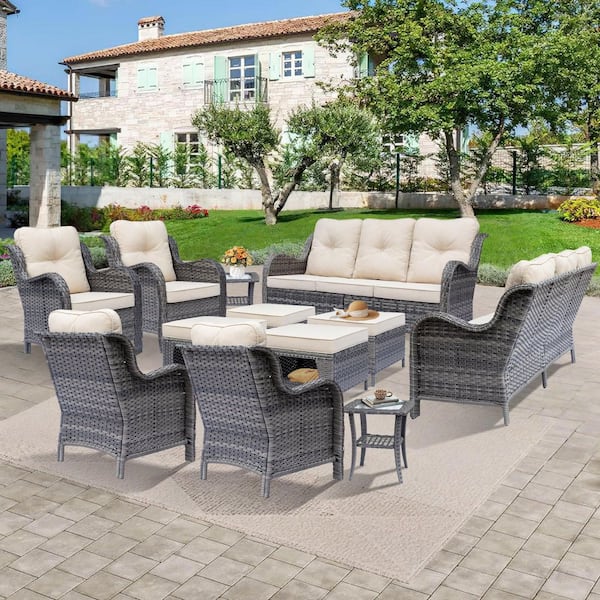 DWIOM Gray 12-Piece Wicker Patio Furniture Set Outdoor Rattan Sofa Lounge Chair Ottoman and Side Table with Beige Cushion