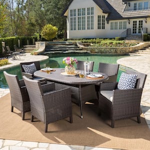 Cypress 28.50 in. Multi-Brown 7-Piece Metal Round Outdoor Patio Dining Set with Light Brown Cushions
