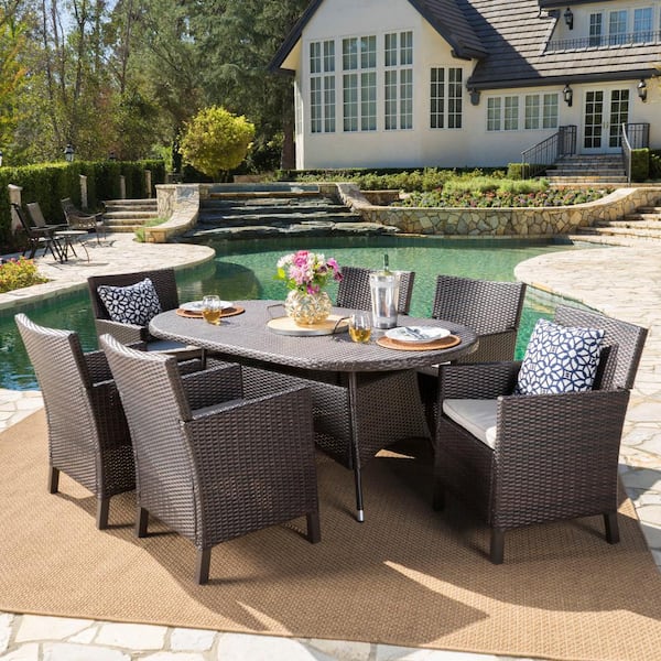 Noble House Cypress 28.50 in. Multi-Brown 7-Piece Metal Round Outdoor Patio Dining Set with Light Brown Cushions