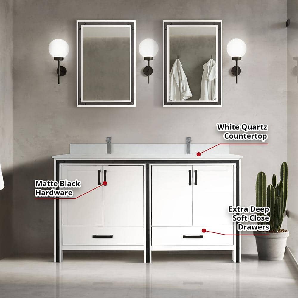 Ziva 60-Inch White Double Sink Freestanding Bathroom Vanity with Quartz Top