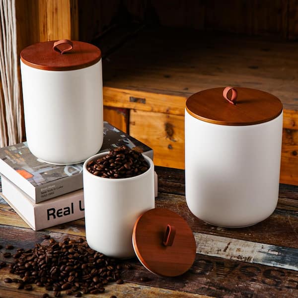 3-Piece White Ceramic Food Storage Canister Set with Bamboo Lids, for Flour, Sugar, Coffee, Tea, Oats, and Spice