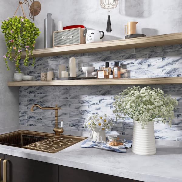 MOLOVO Natural White and Blue 1.89 in. x 7.8 Subway Polished