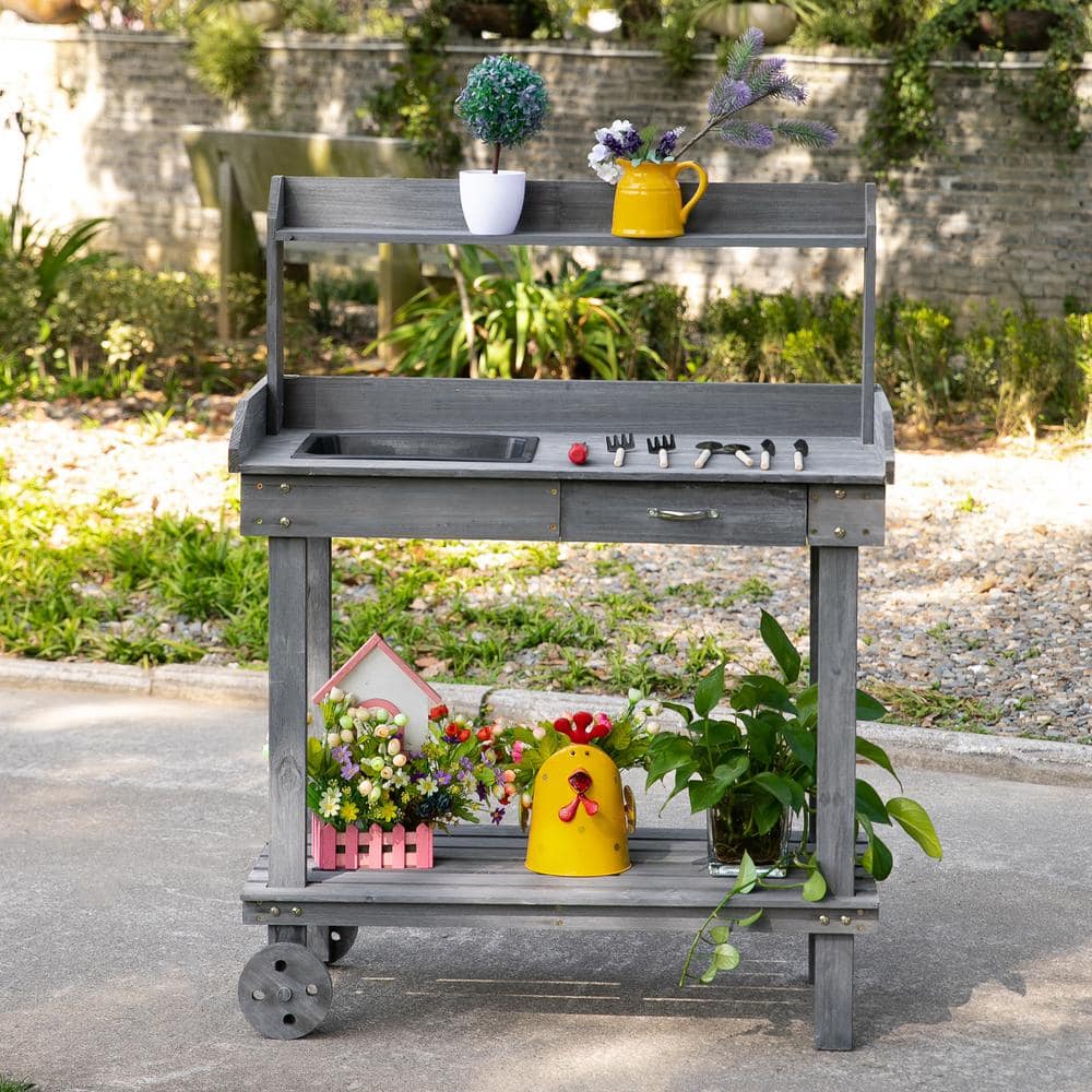Gray Wooden Potting Bench with Sink and Storage