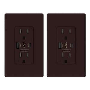 25-Watt 15 Amp Type C and Type A USB Duplex Outlet, Smart Chip High Speed Charging Wall Plate Included, Brown (2-Pack)