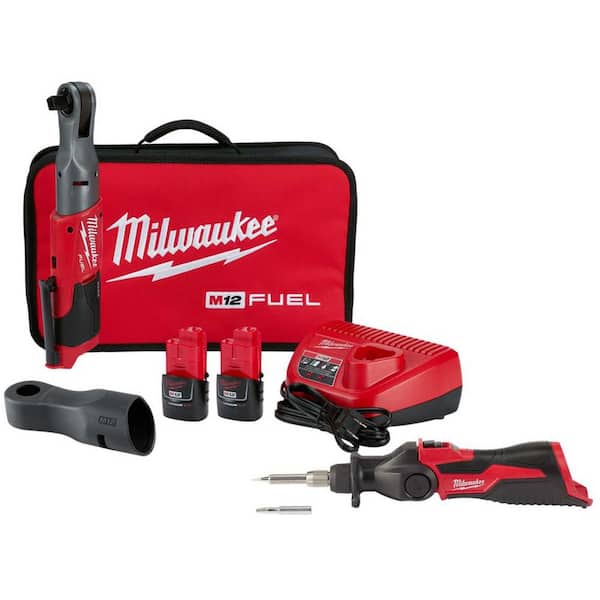 M12 FUEL 12V Lithium-Ion Brushless 1/2 in. Cordless Ratchet Kit with (2) 2. 0Ah Batteries, Charger, Bag & Soldering Iron