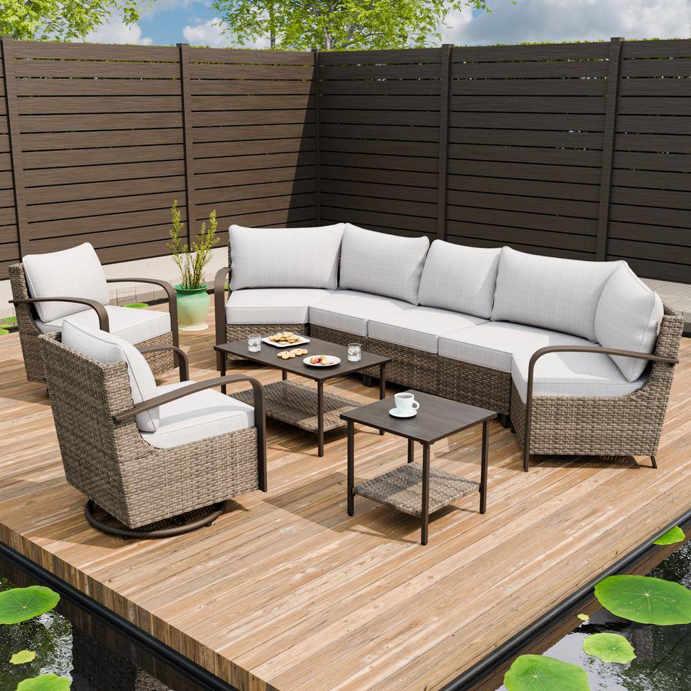 Beige 7-Person Wicker Patio Sectional Sofa Set with Swivel Chairs