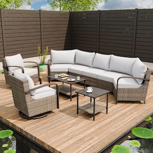 9-Piece Wicker Patio Conversation Sectional Seating Set with Swivel Rocking Chair, Beige Cushions