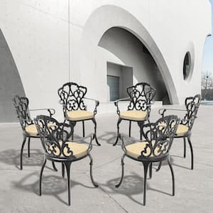 Black Cast Aluminum Patio Outdoor Dining Chairs with Random Color Seat Cushions (Set of 4)