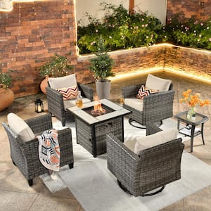New Vultros Gray 5-Piece Wicker Patio Fire Pit Conversation Set with Beige Cushions and Swivel Rocking Chairs