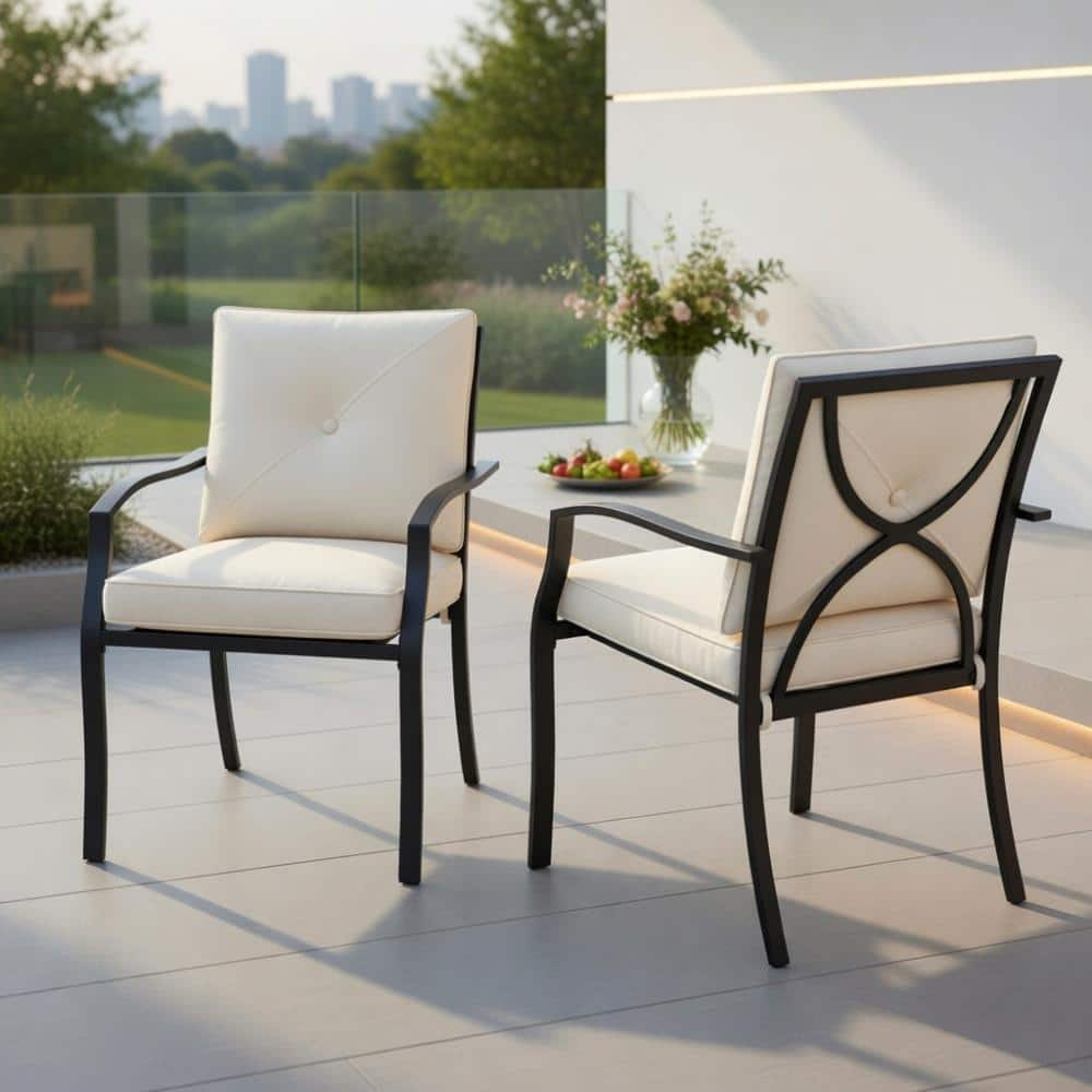 2-Pack Stackable Metal Outdoor Dining Chairs with Armrests – Beige & Black, Weather-Resistant Olefin Cushions, Ergonomic price history on PriceWatchPro