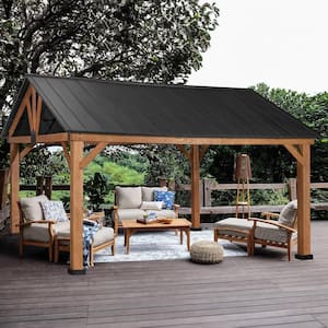 15 ft. x 13 ft. Outdoor Patio Solid Spruce Wood Hardtop Gazebo with Black Galvanized Steel Roof and Ceiling Hook