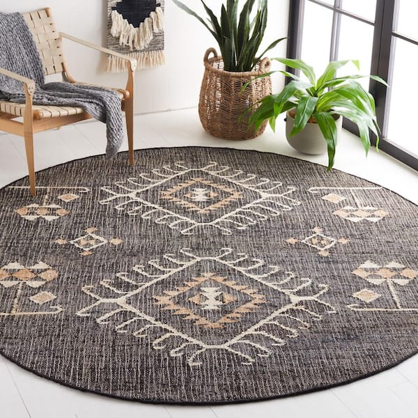Kilim Black/Ivory 5 ft. x 5 ft. Native American Border Round Area Rug