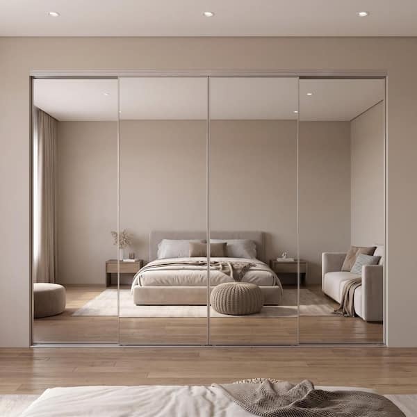 144 in. x 96 in. Polished Edge Mirror Framed with Gasket Interior Closet Sliding Door with Chrome Trim
