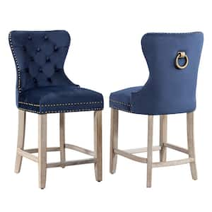 Harper 24in. Navy Blue Velvet Tufted Wingback Kitchen Counter Bar Stool with Solid Wood Frame in Antique Gray (Set of 2)