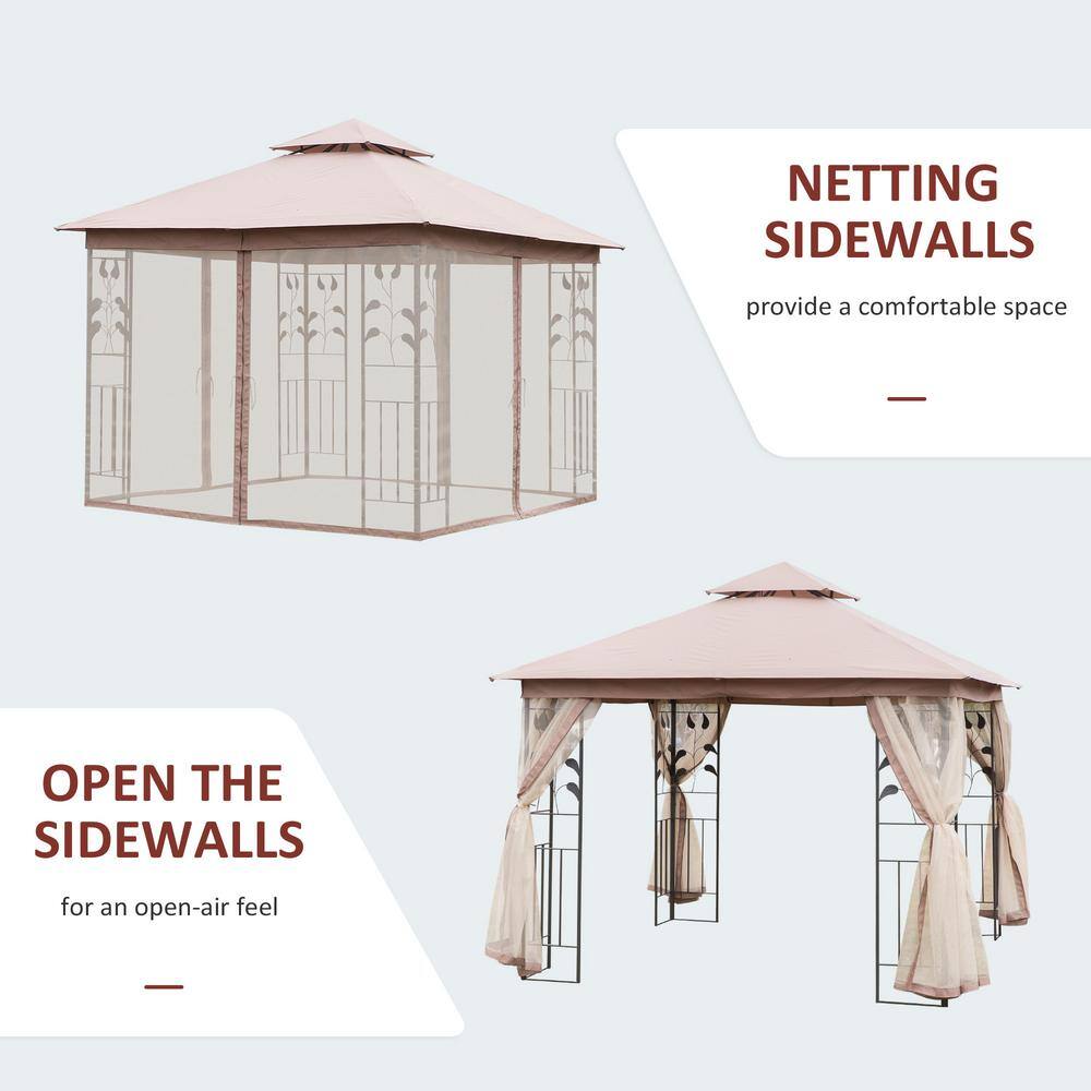 Outsunny 10' x 10' Brown Steel Frame Gazebo with Netting and Curtains