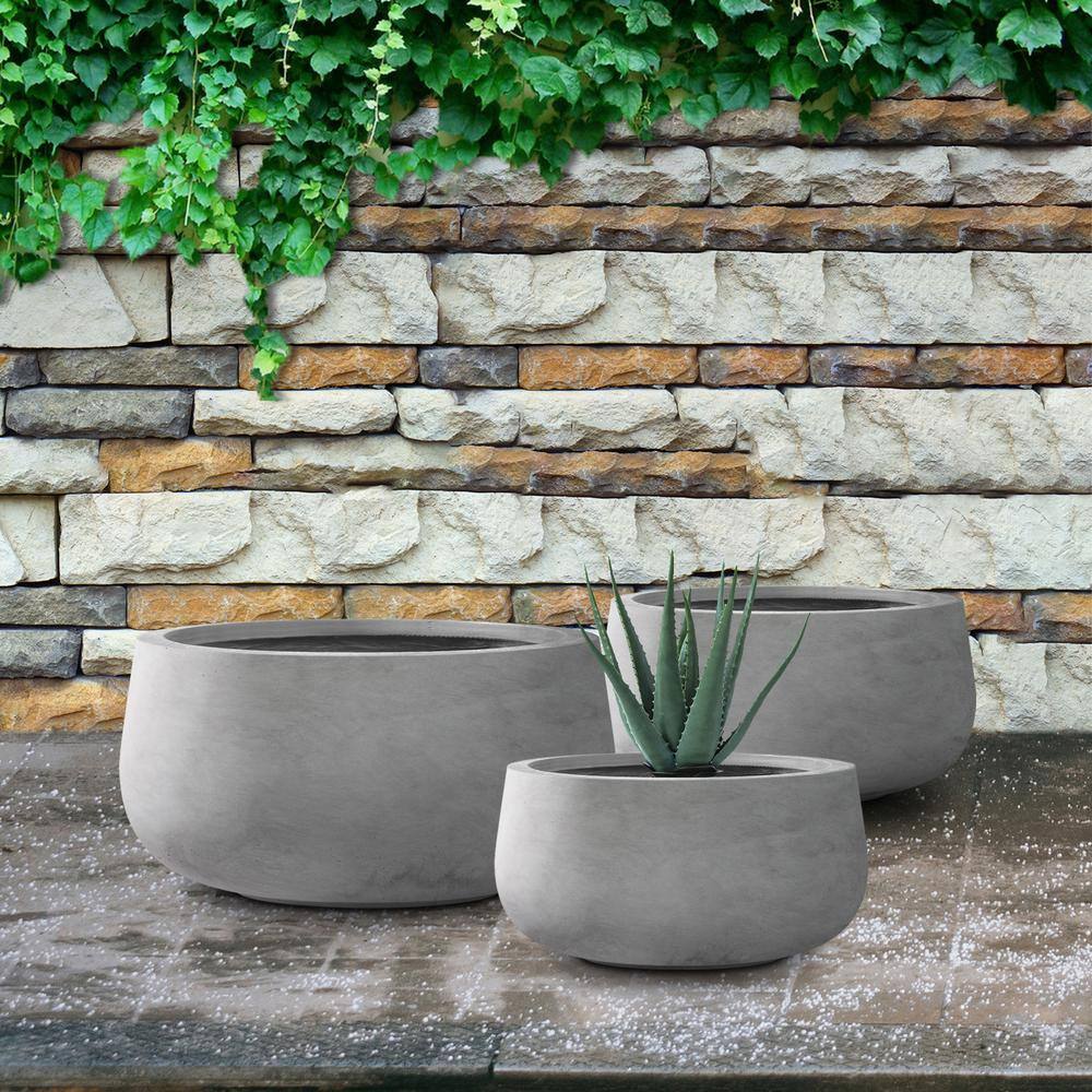 Set of 3 Round Gray Concrete Planters with Drainage