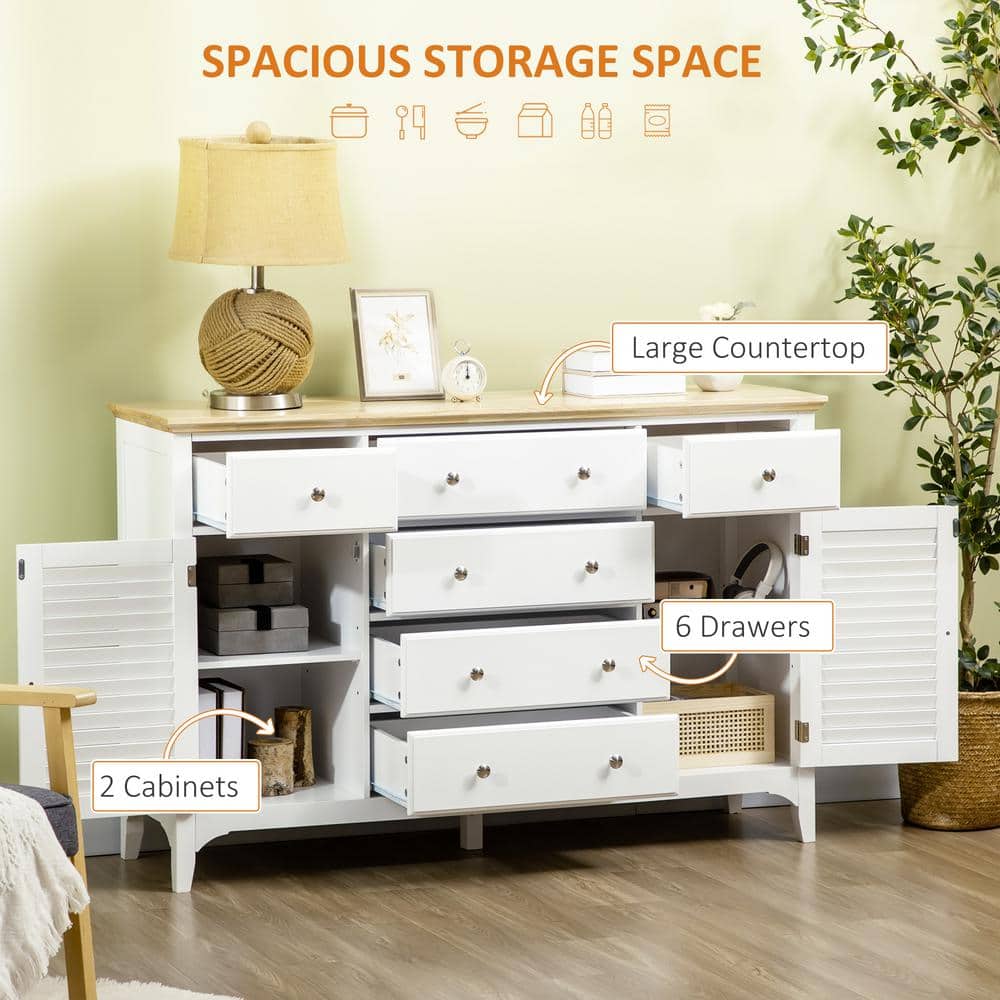 Modern White Sideboard Buffet with Adjustable Shelves and Rubberwood Top