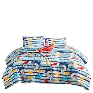 4 Piece Full/Queen Bedding Comforter Set, Ultra Soft Polyester Elegant Bedding Comforters--Blue with Ocean Life