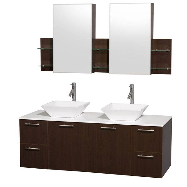 Wyndham Collection Amare 60 in. Double Vanity in Espresso with Man-Made Stone Vanity Top in White and Porcelain Sinks