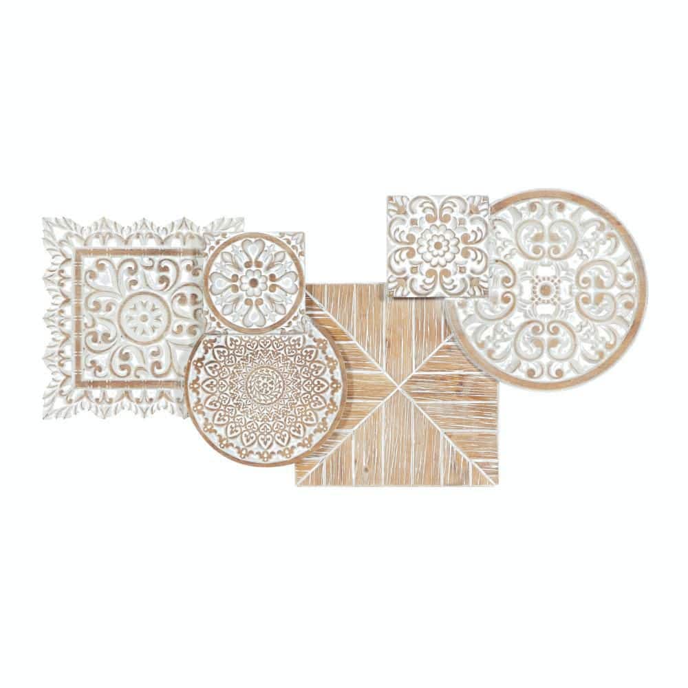 White and Light Brown Weathered Wood Floral Wall Sculpture