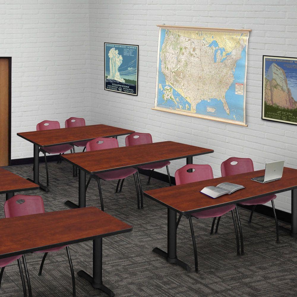 Kobe 66 in x 24 in. Cherry T-Base Training Seminar Table Desk, 2 M Stack Chairs-Burgundy